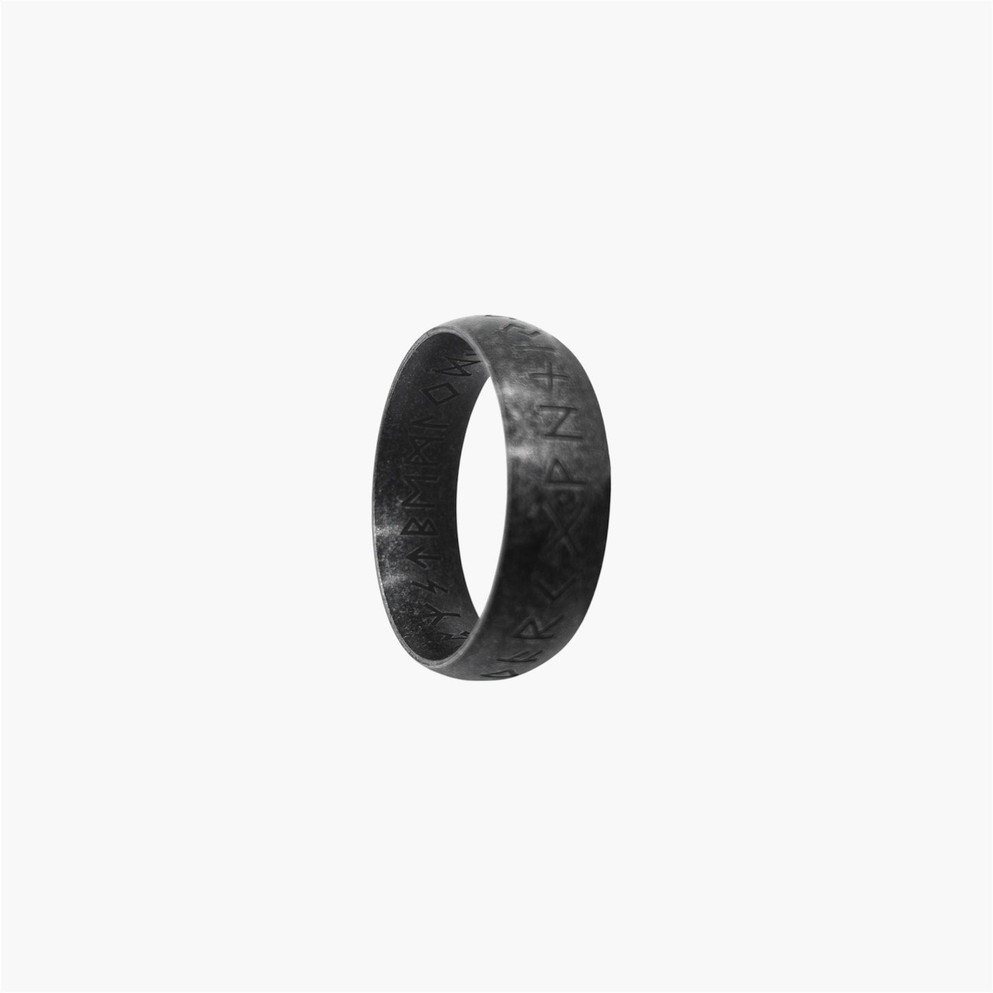 angled view of black stainless steel rune ring