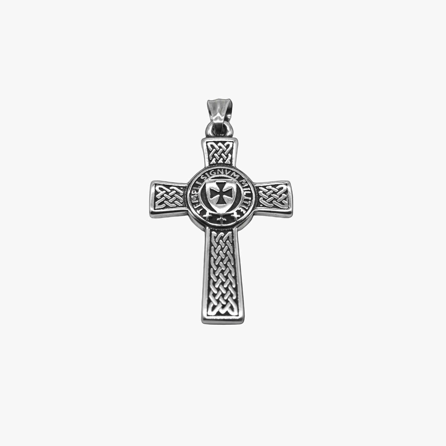 Knight of God pendant shot showing detailed Templar-inspired engravings and refined minimalist design.