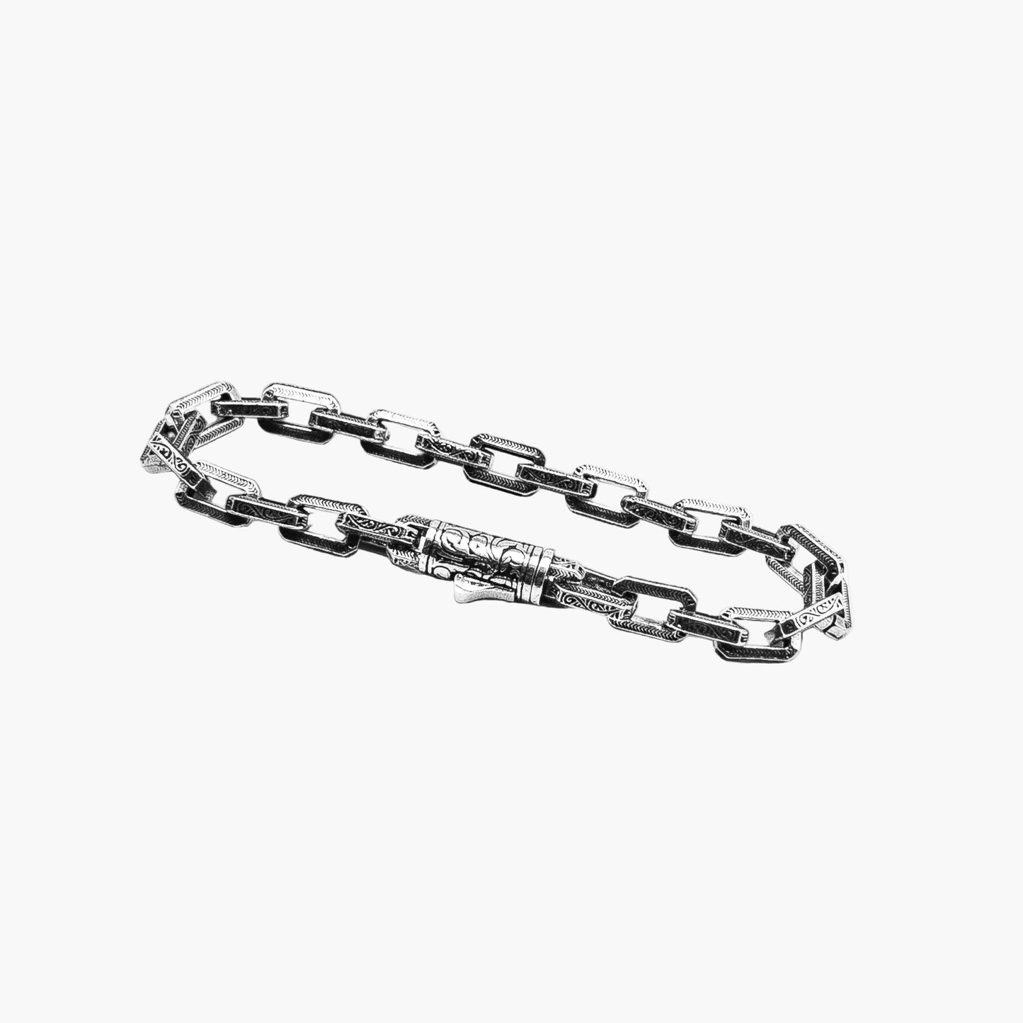 Angled right view of Legacy Bracelet showing intricate tribal patterns and refined craftsmanship.