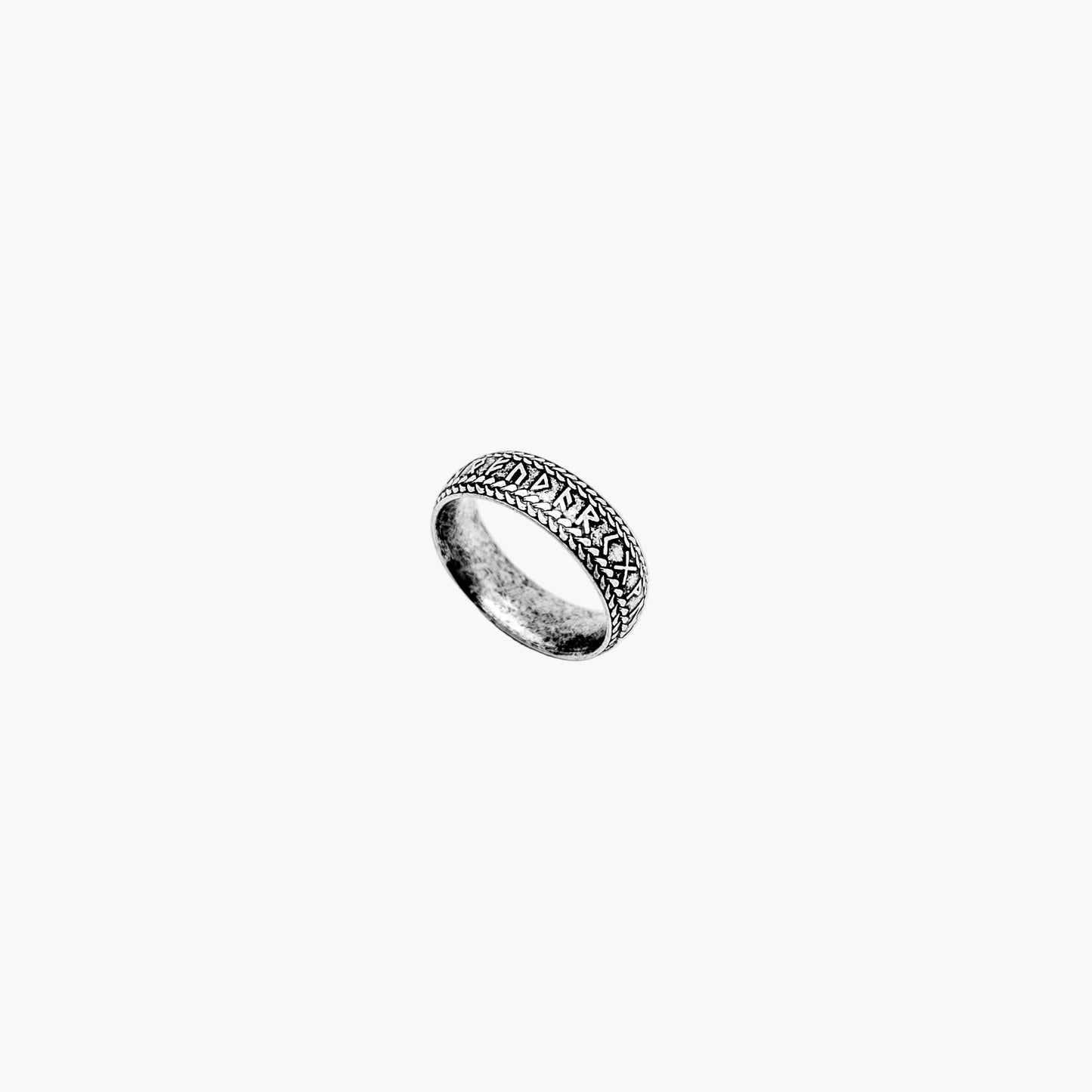 right angle view of Rune Keeper ring showing full band engravings