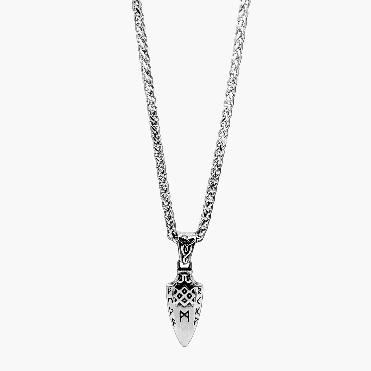 Straight of Sovereign Spear pendant highlighting engraved runic details and polished finish. HOUSE OF ROK.