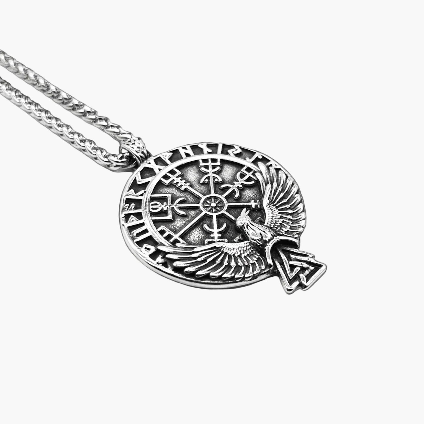 right angle view of Eagle of God pendant in 316L stainless steel