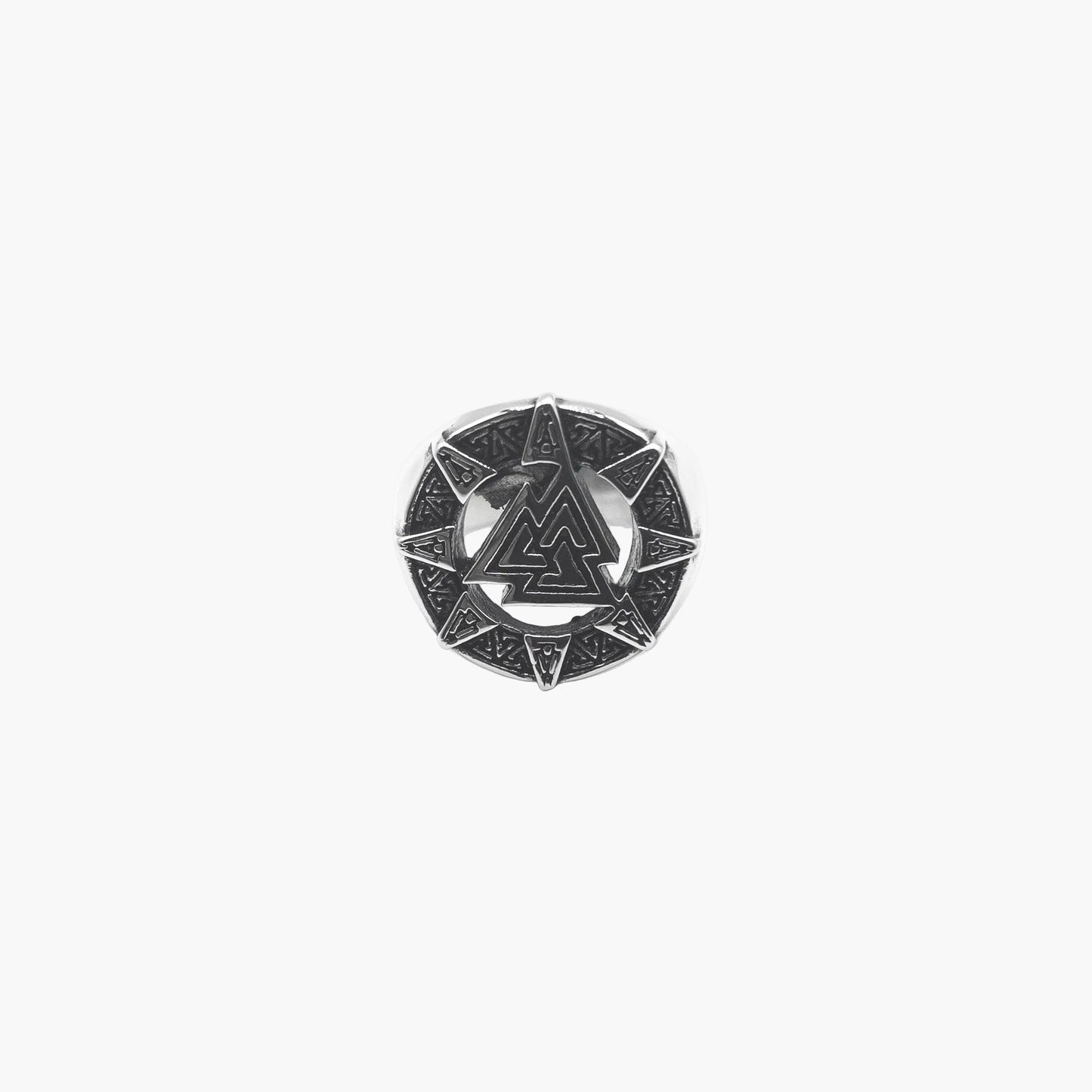 precision-engraved Valknut detail on face of Eternal stainless steel ring