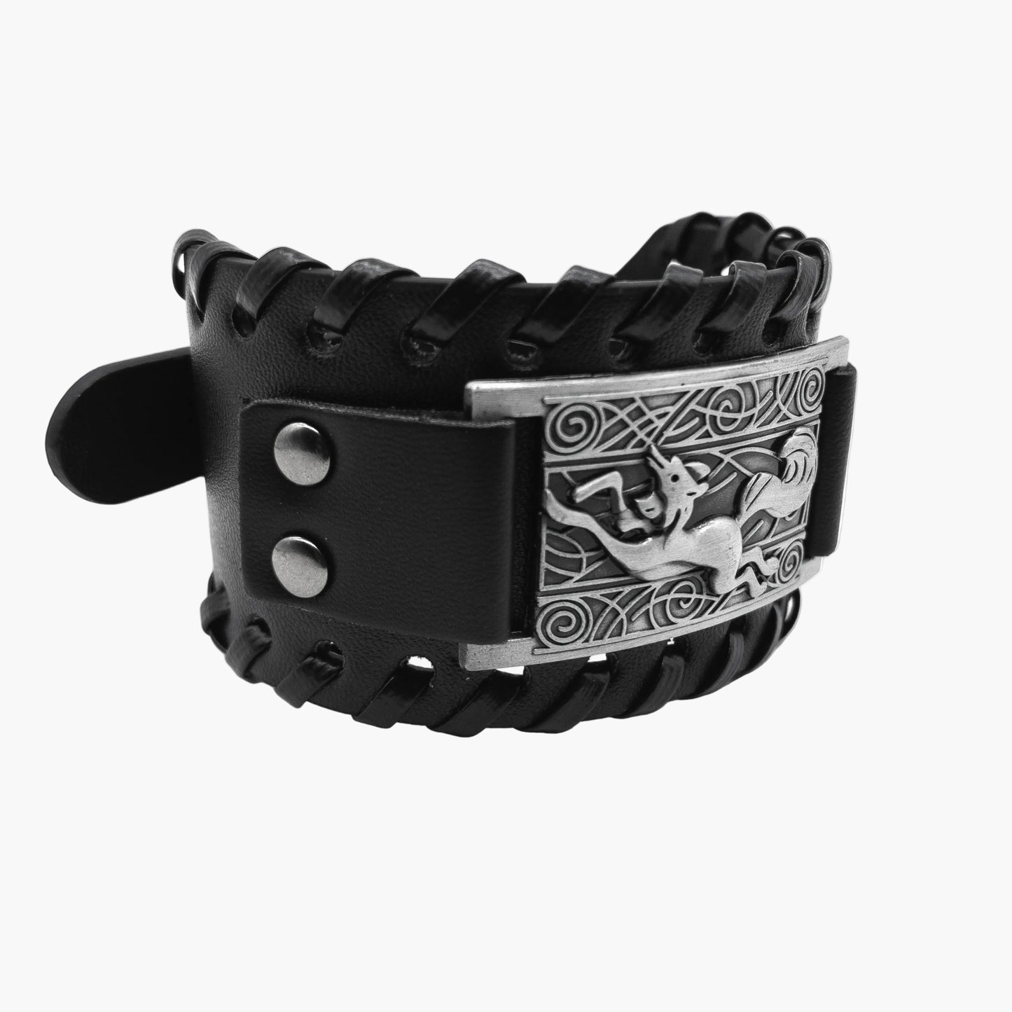 right side view of Norse Horse Wrist Cuff with adjustable premium leather strap and refined detailing