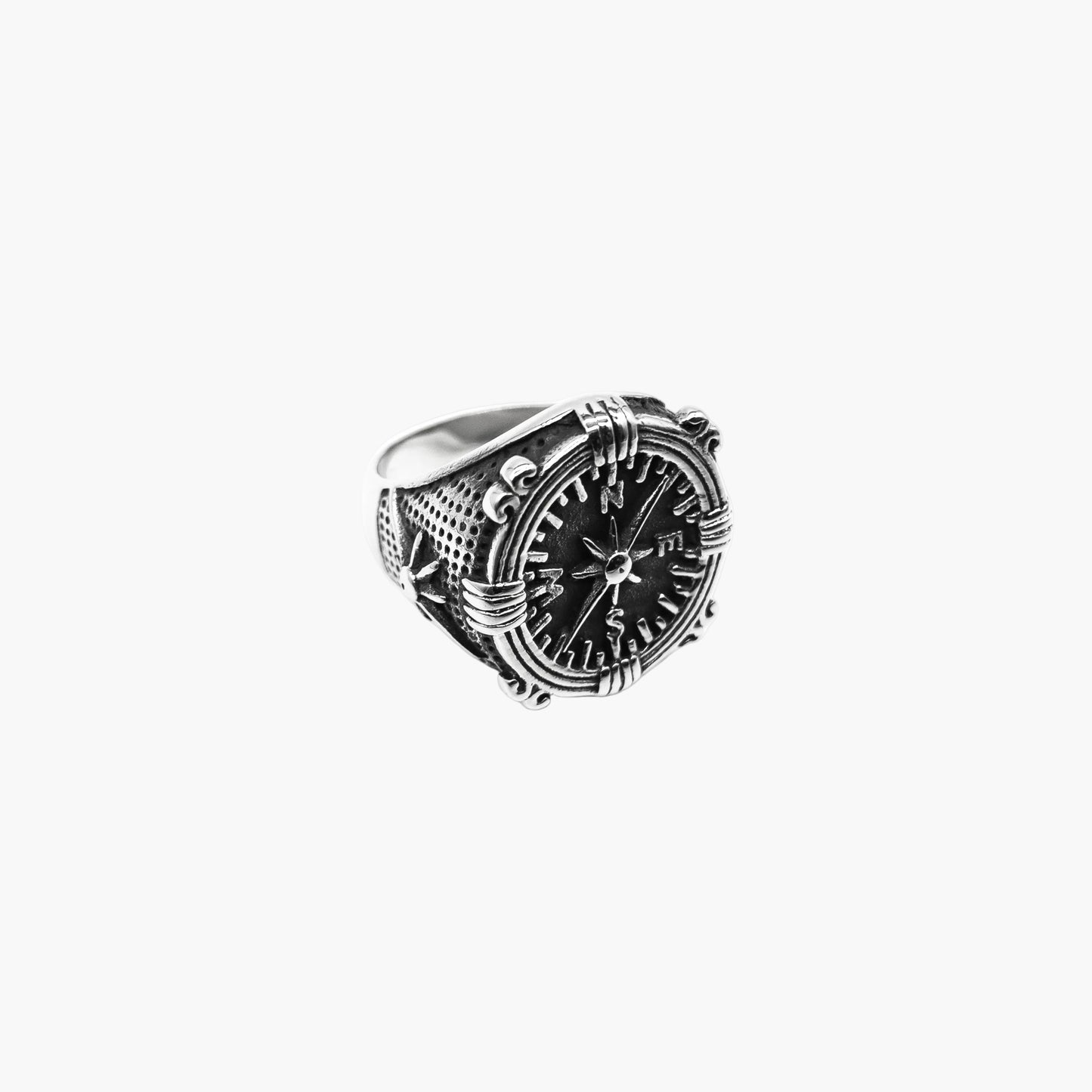 left angle view of Norse Navigator ring in 316L stainless steel