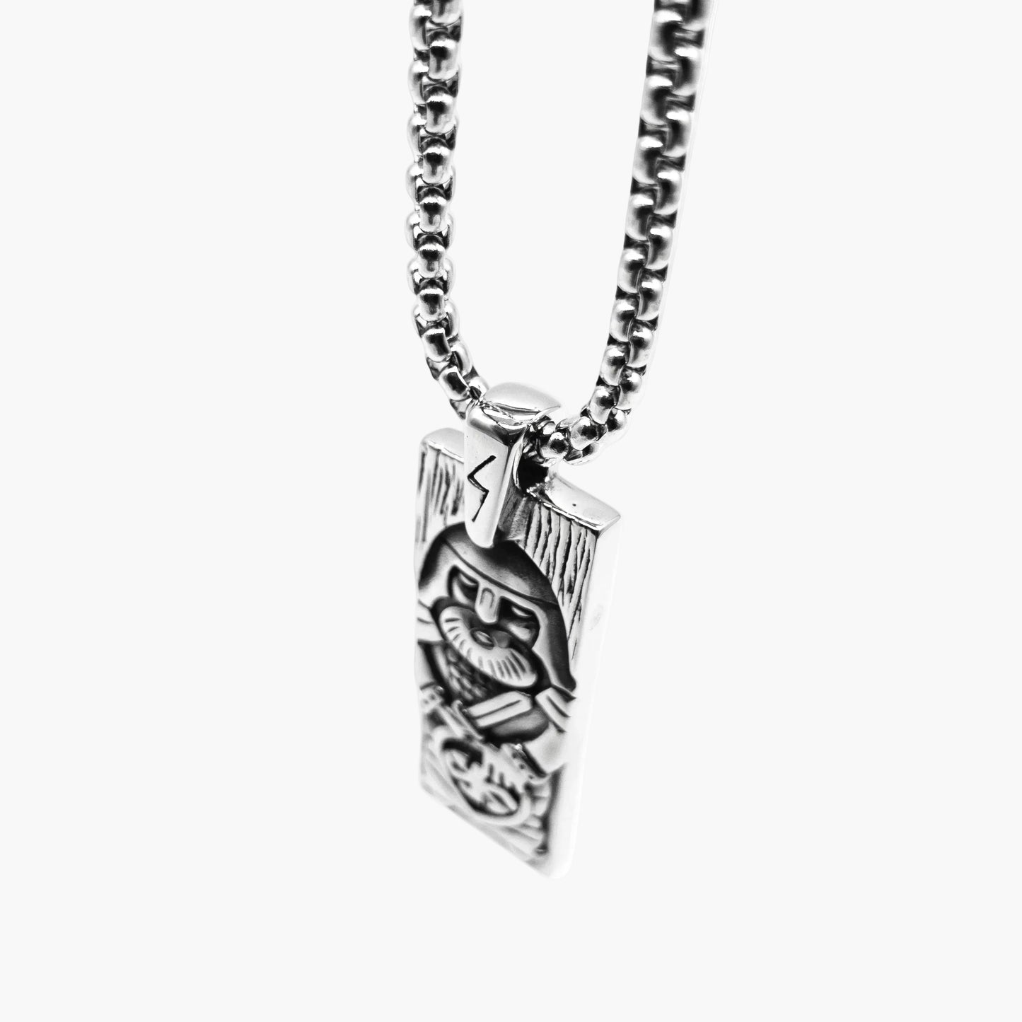 Odin engraving detail on stainless steel talisman pendant