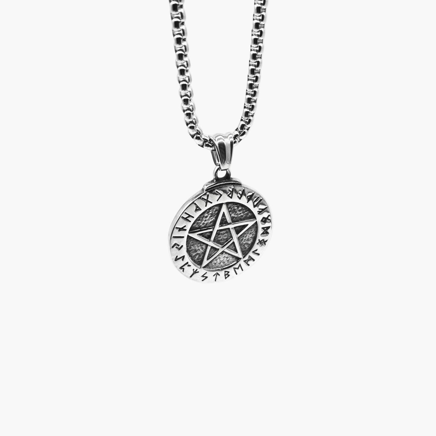 pentagram and runic detail on Runic Star stainless steel pendant
