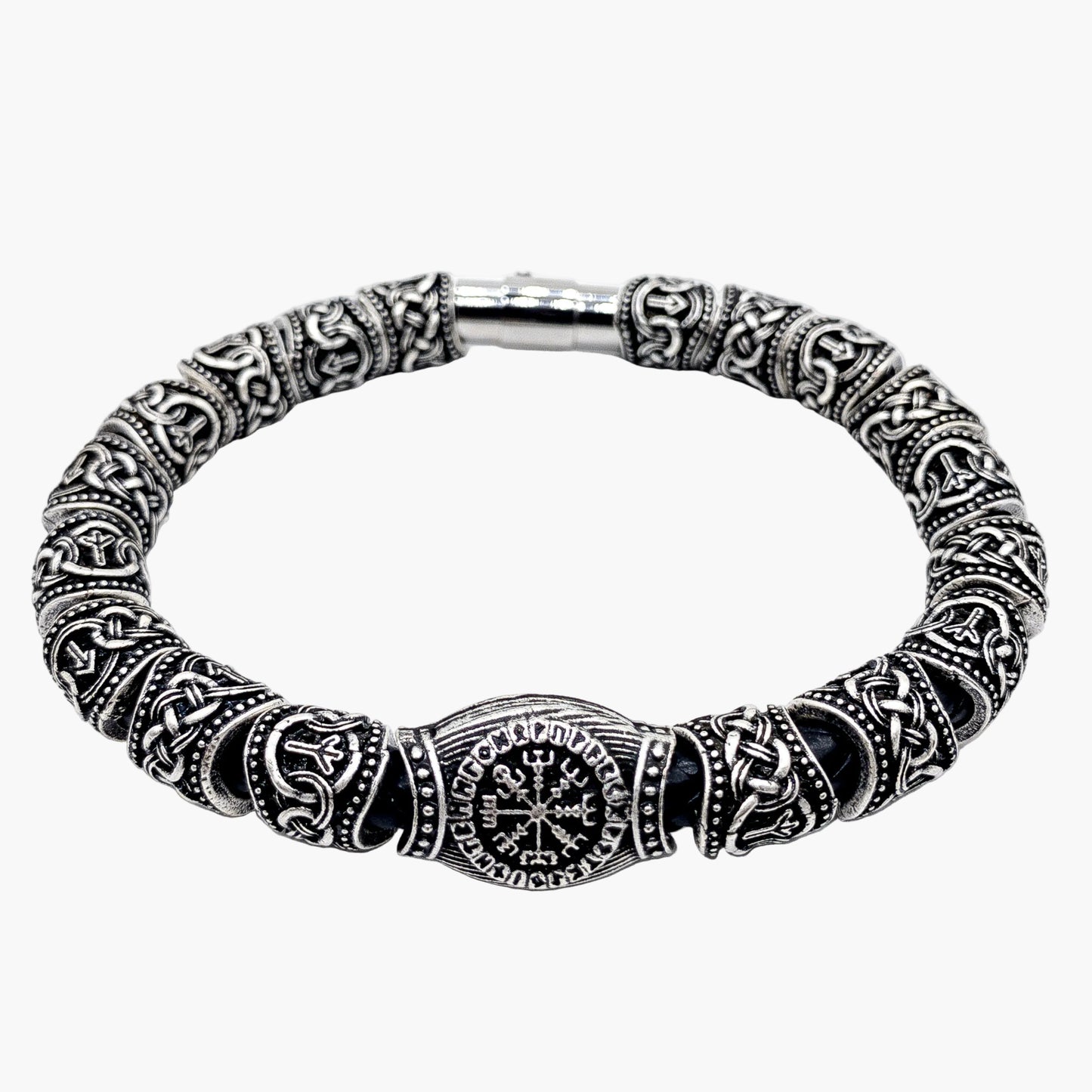 Saga leather bracelet with Vegvisir laid flat showing detail