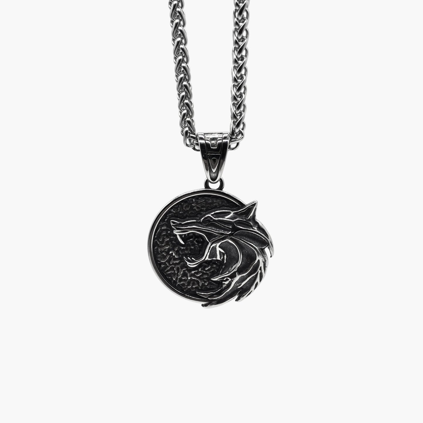 top down view of Skoll Chain Norse wolf pendant necklace with chain