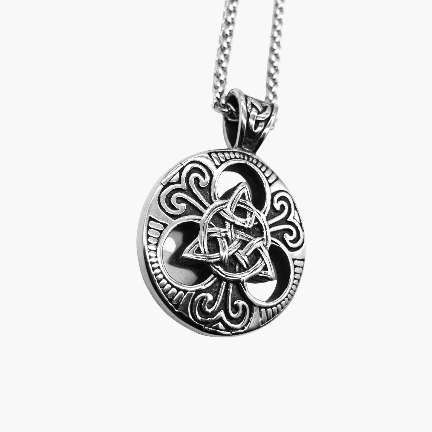 right side view of Trinity Necklace highlighting engraved Triquetra pendant and polished stainless steel finish