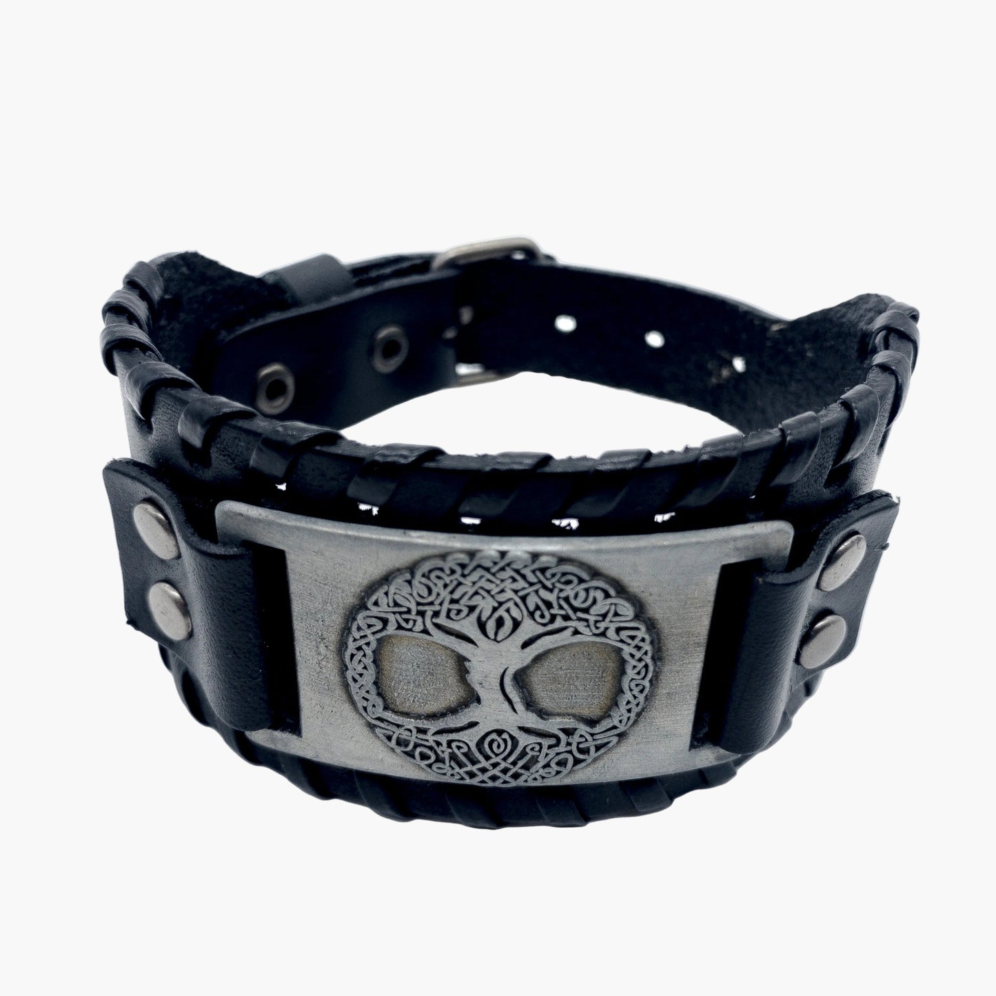 Top down shot Yggdrasil Tree of Life detail on stainless steel wrist cuff