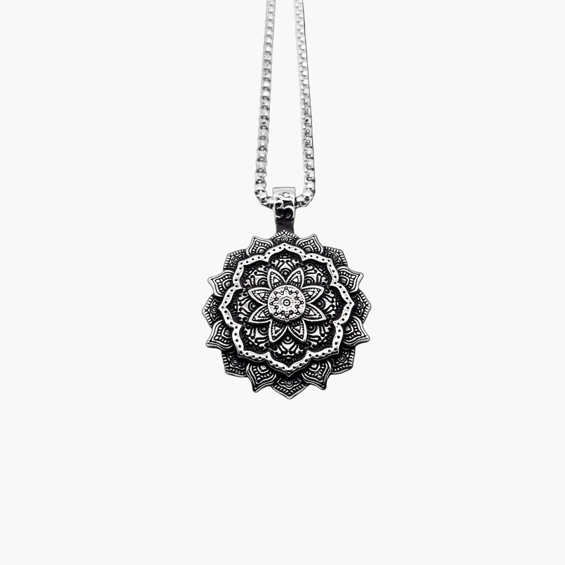 geometric flower pattern detail on Astrids Flower stainless steel pendant