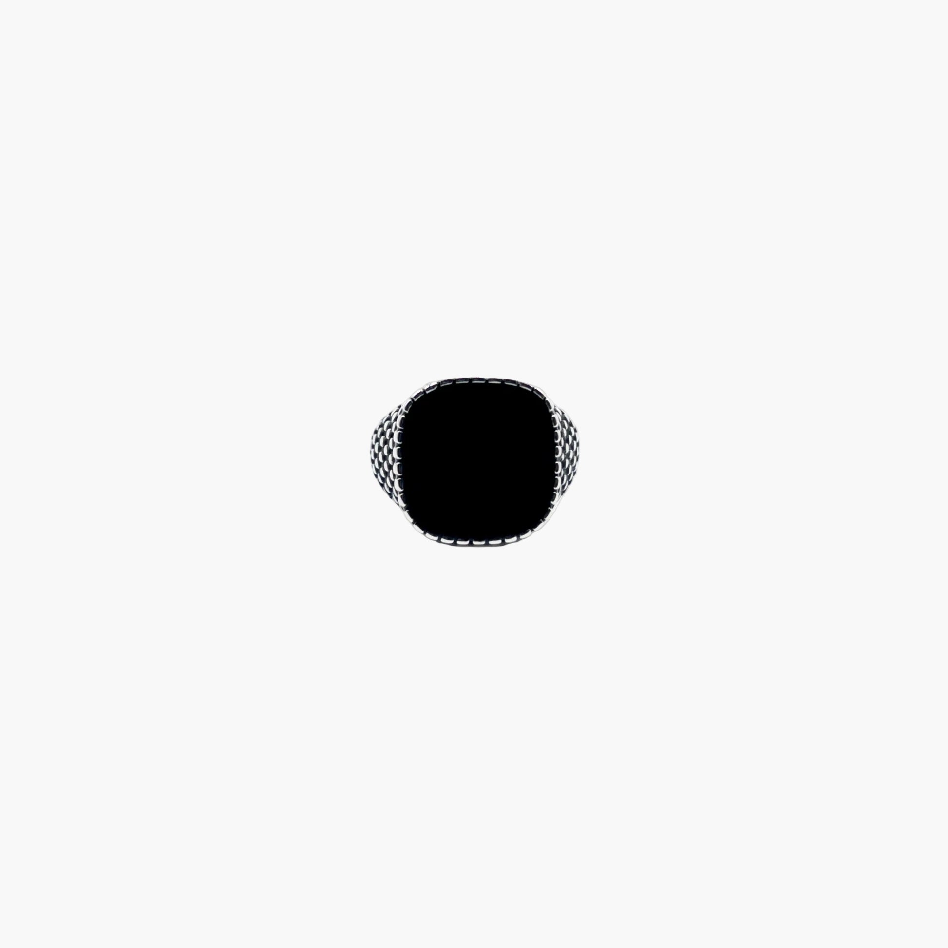 flat cut black onyx stone detail on stainless steel ring