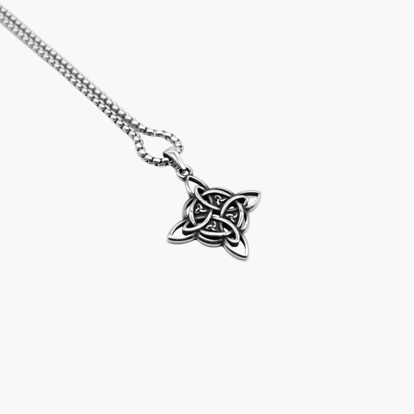 left angled view of Celestial Trinity gothic Celtic silver necklace HOUSE OF ROK
