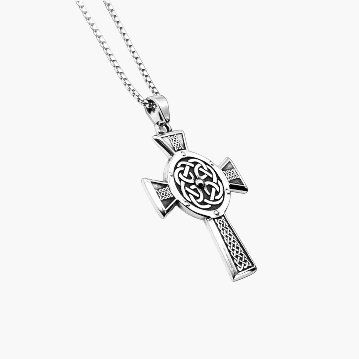 Celtic etching detail on Elder Cross stainless steel pendant