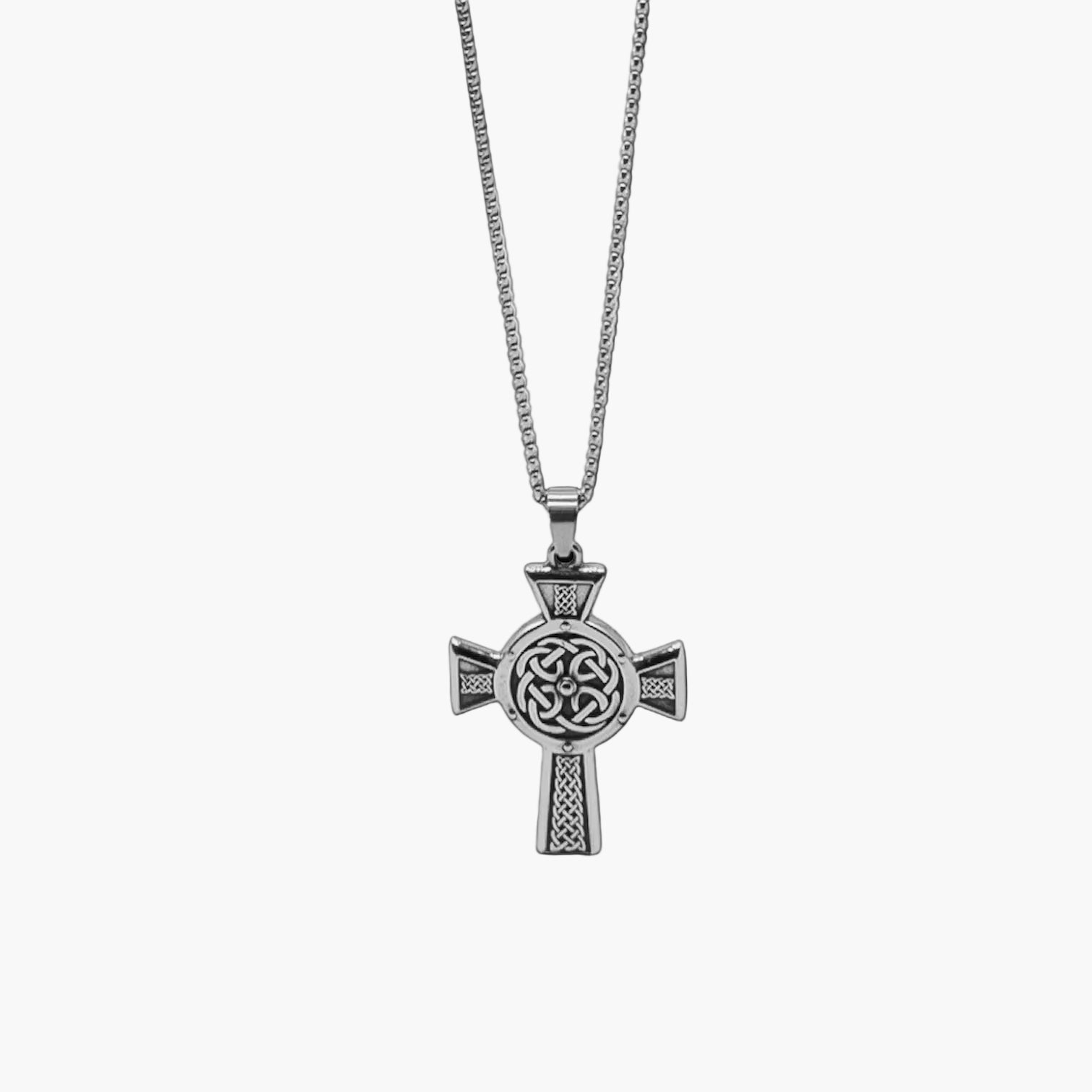 straight shot Celtic etching detail on Elder Cross stainless steel pendant