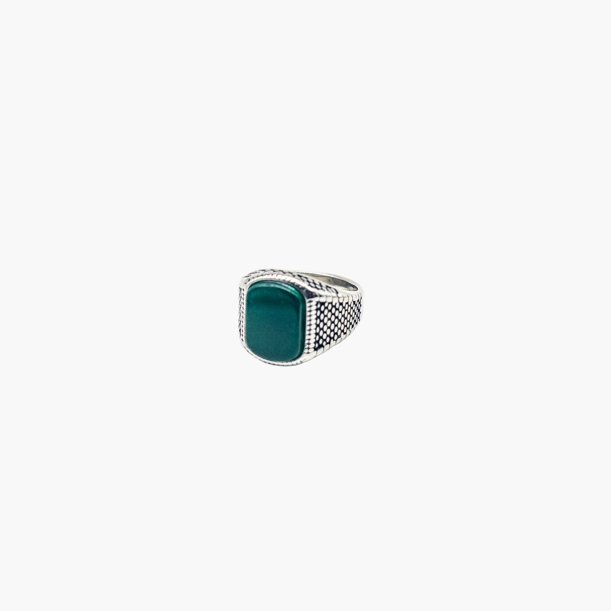 left angle view of Emerald Visions green stone ring