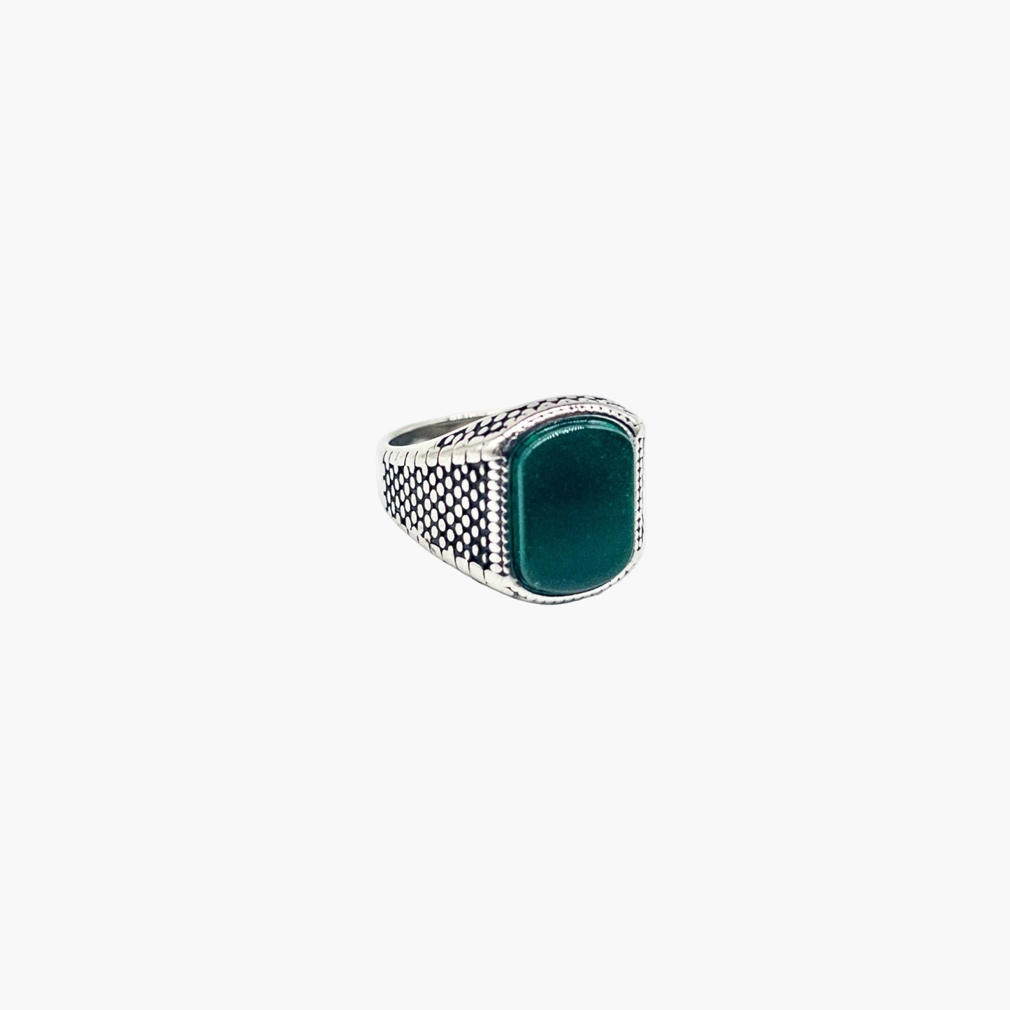 right angle view of Emerald Visions ring in 316L stainless steel