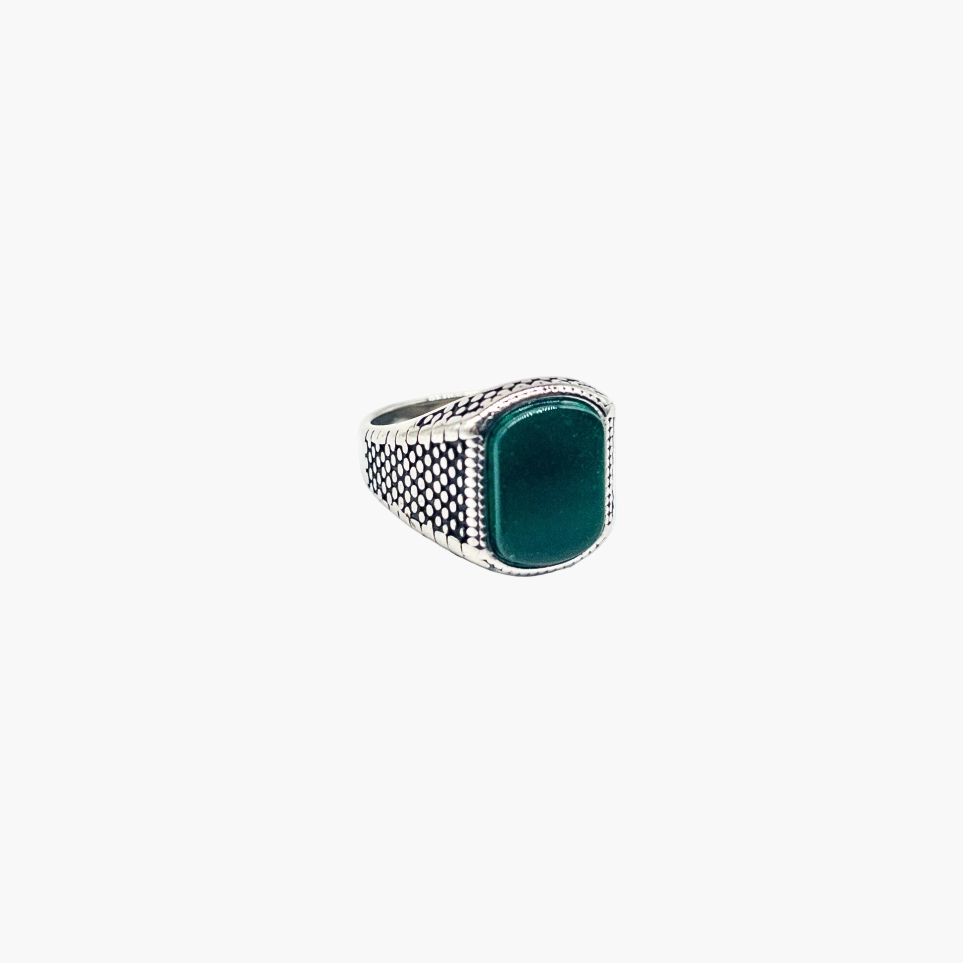 right angle view of Emerald Visions ring in 316L stainless steel