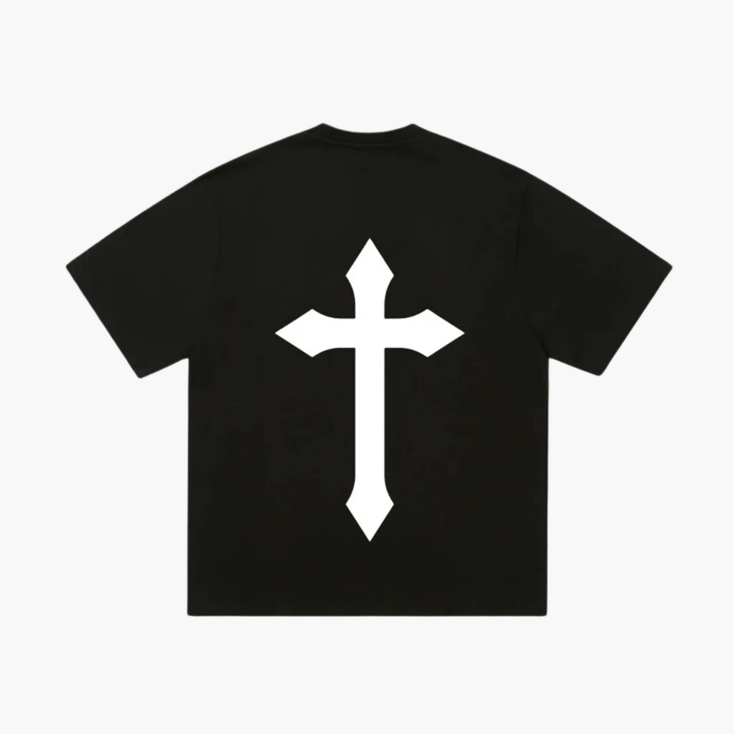 medieval Christian cross back print on Forged By Fire t-shirt