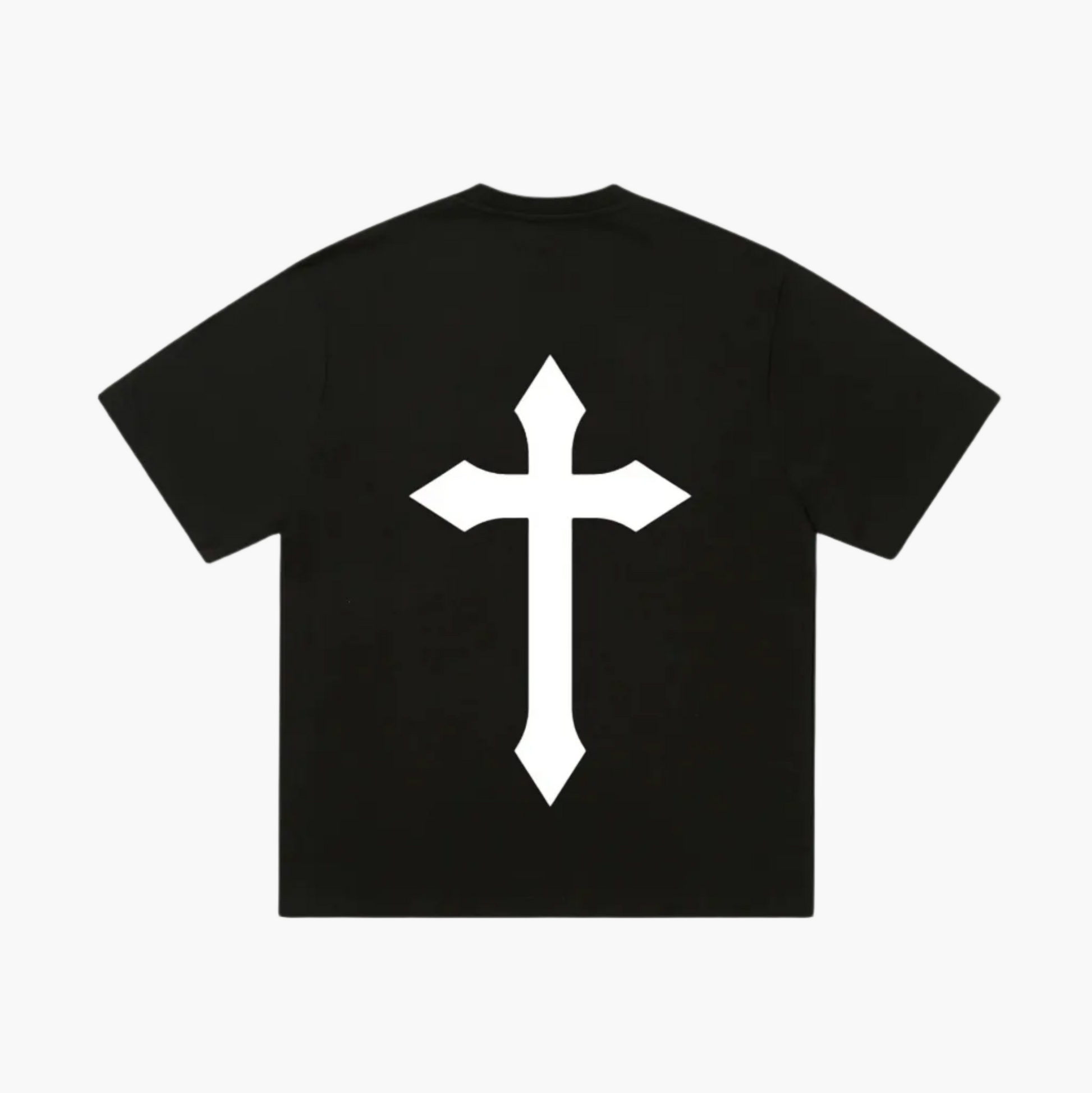 medieval Christian cross back print on Forged By Fire t-shirt