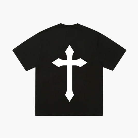 medieval Christian cross back print on Forged By Fire t-shirt
