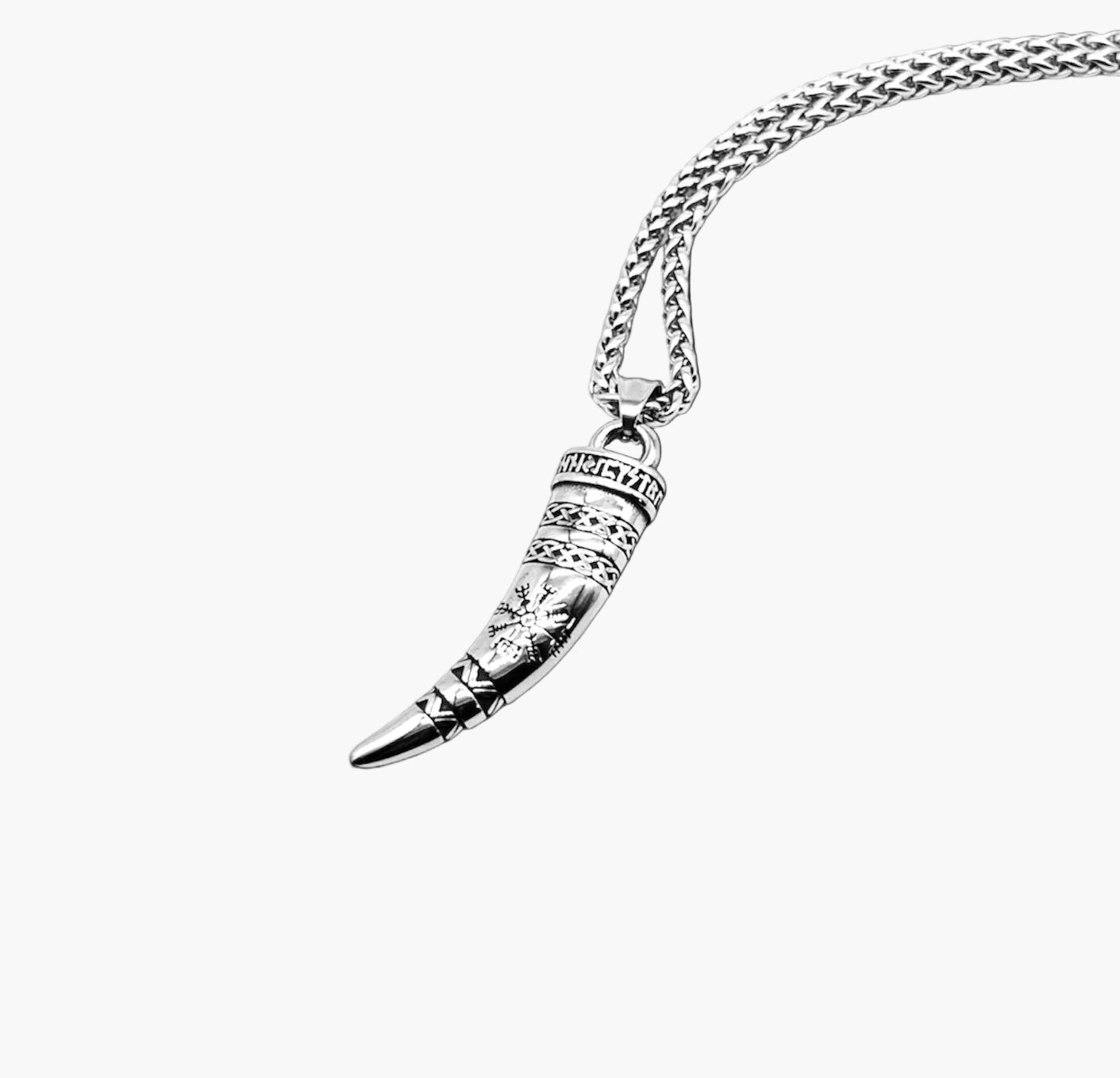 Vegvisir runic compass engraving detail on Horn of God stainless steel pendant