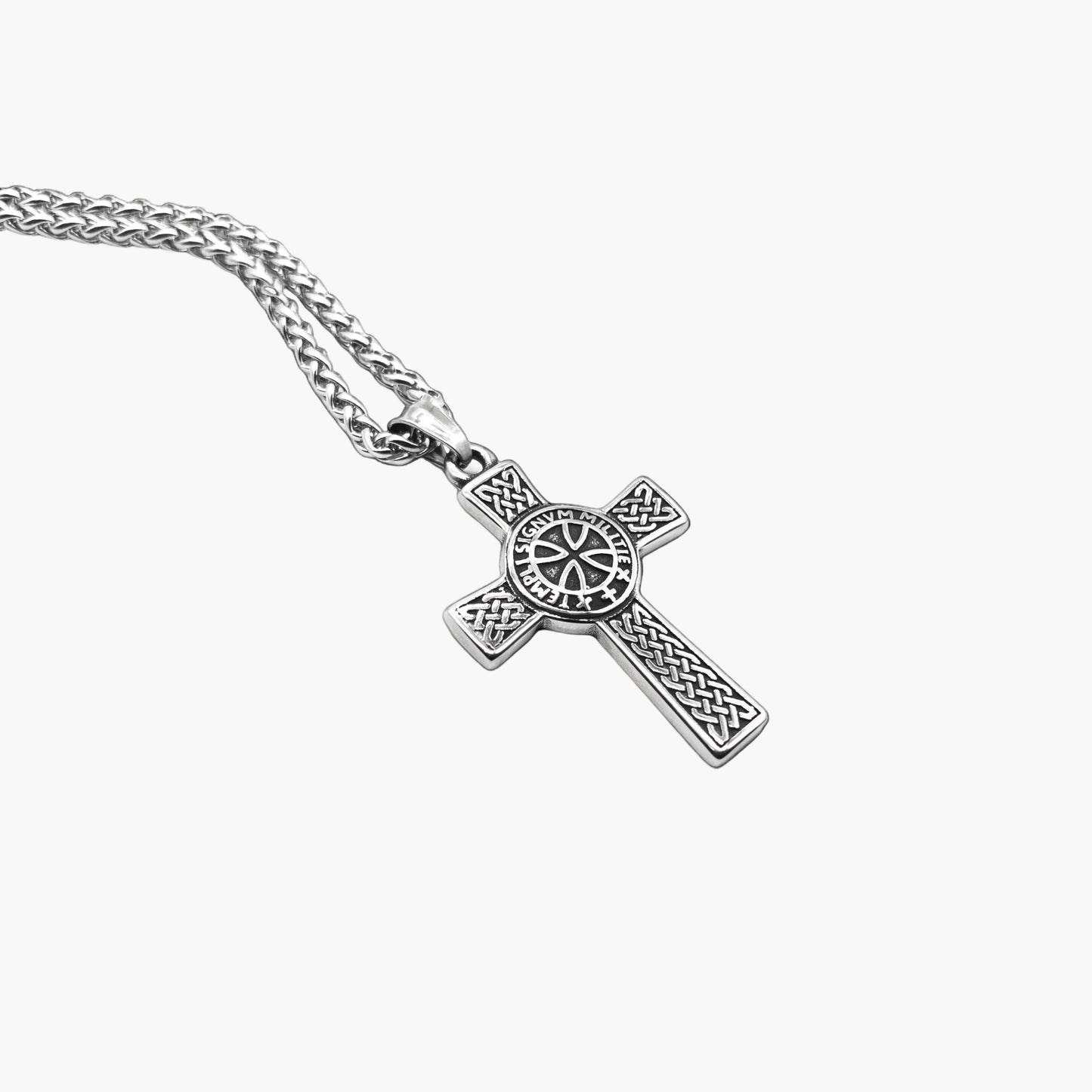 Knight of God pendant necklace, angled left view highlighting sculpted pendant and polished 316L stainless steel finish