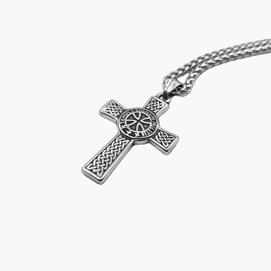 Knight of God pendant necklace by HOUSE OF ROK, front view showing sculpted pendant with subtle Templar-inspired engravings