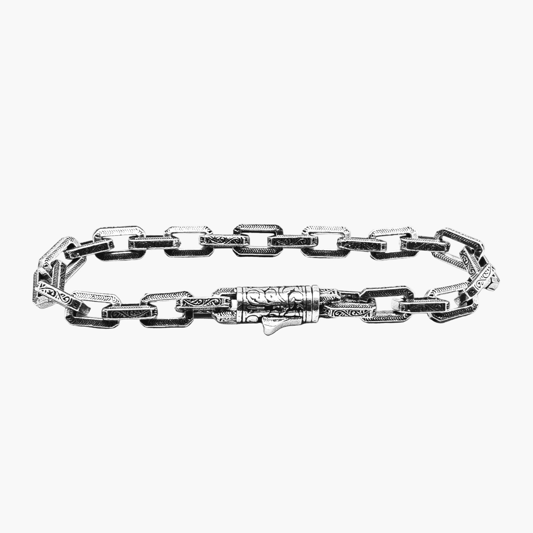 Legacy Bracelet by HOUSE OF ROK, front view showing stainless steel links with warrior tribal.