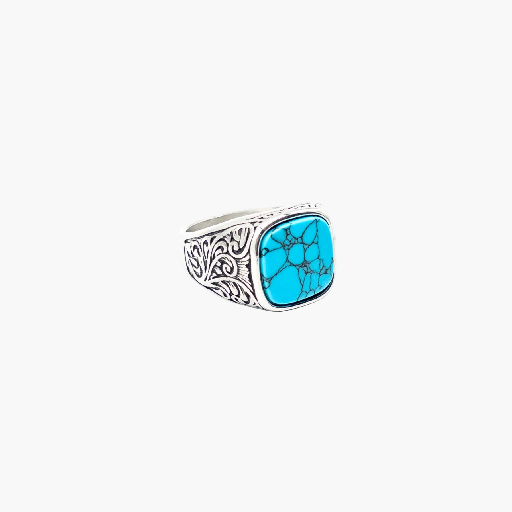 Angled right view of men’s turquoise ring showing polished finish and bold minimalist design.