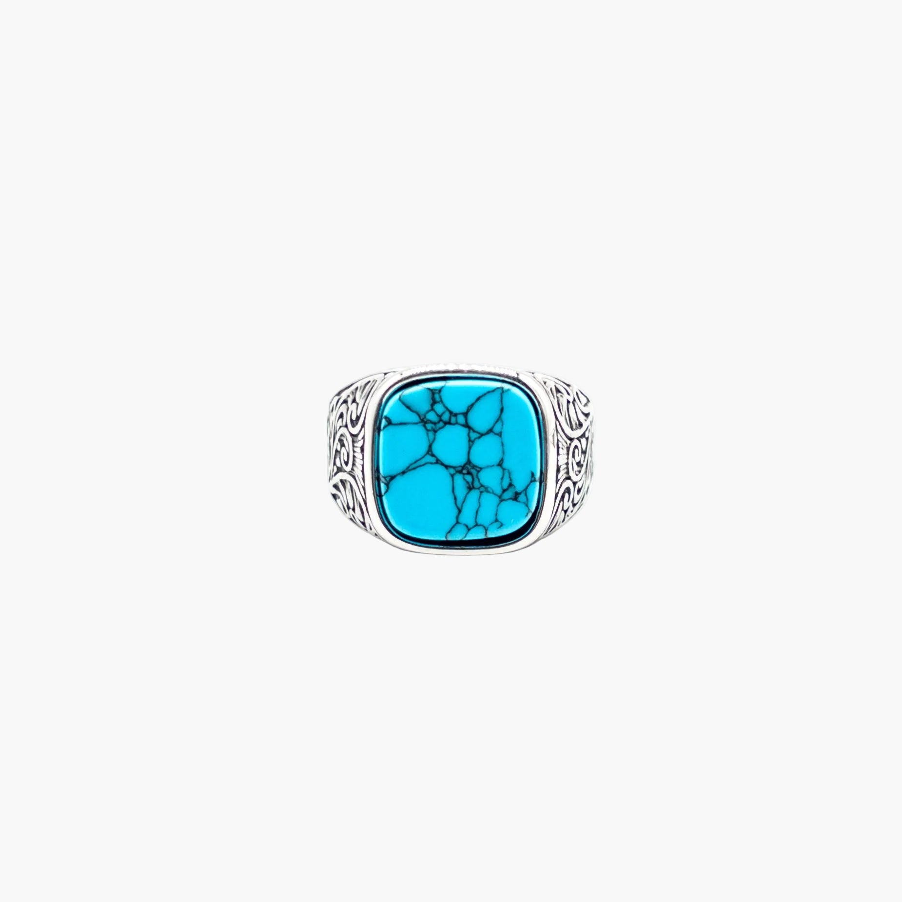 Men’s turquoise ring by HOUSE OF ROK, front view showing polished stone inlay and sleek design.