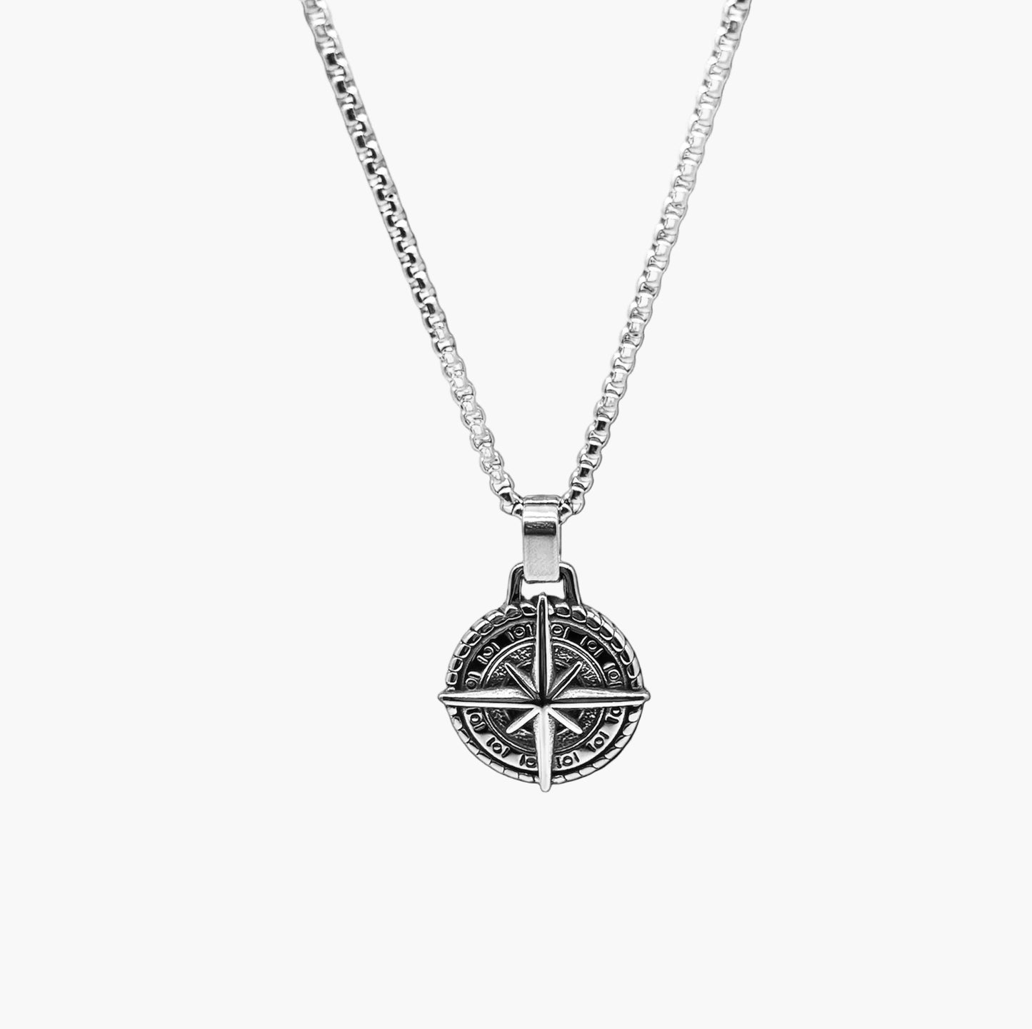 Norse compass design detail on Meridian Axis stainless steel pendant