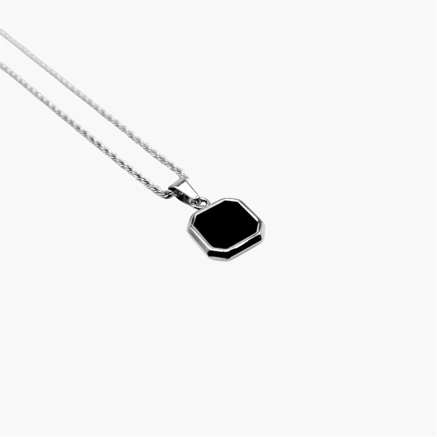 black square pendant detail on Obsidian Crest stainless steel necklace