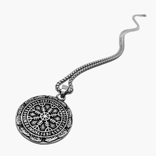 Angled left view of Oracle of God pendant necklace highlighting sculpted details and polished finish.