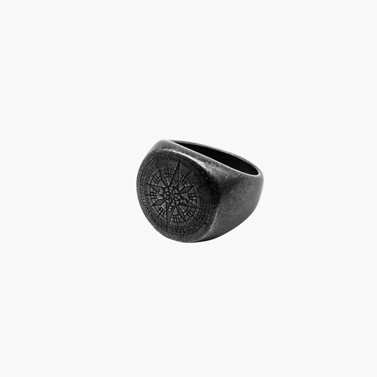 Polestar Ring by HOUSE OF ROK, front view showing sleek black stainless steel band with compass details and maritime motifs