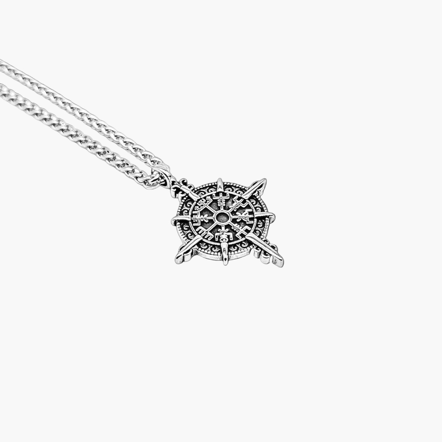 Vegvisir and compass wheel engraving detail on Rotary Wheel stainless steel pendant