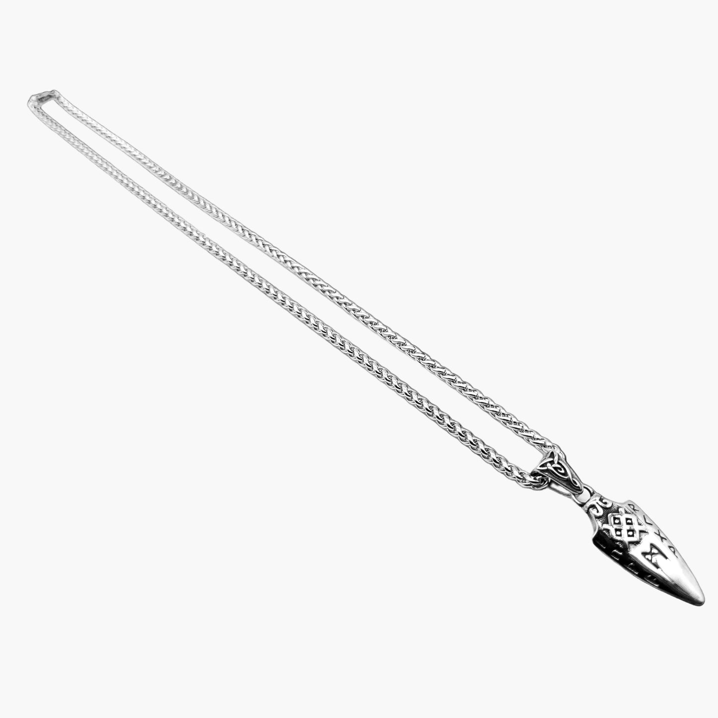 Left view of Sovereign Spear pendant highlighting engraved runic details and polished finish