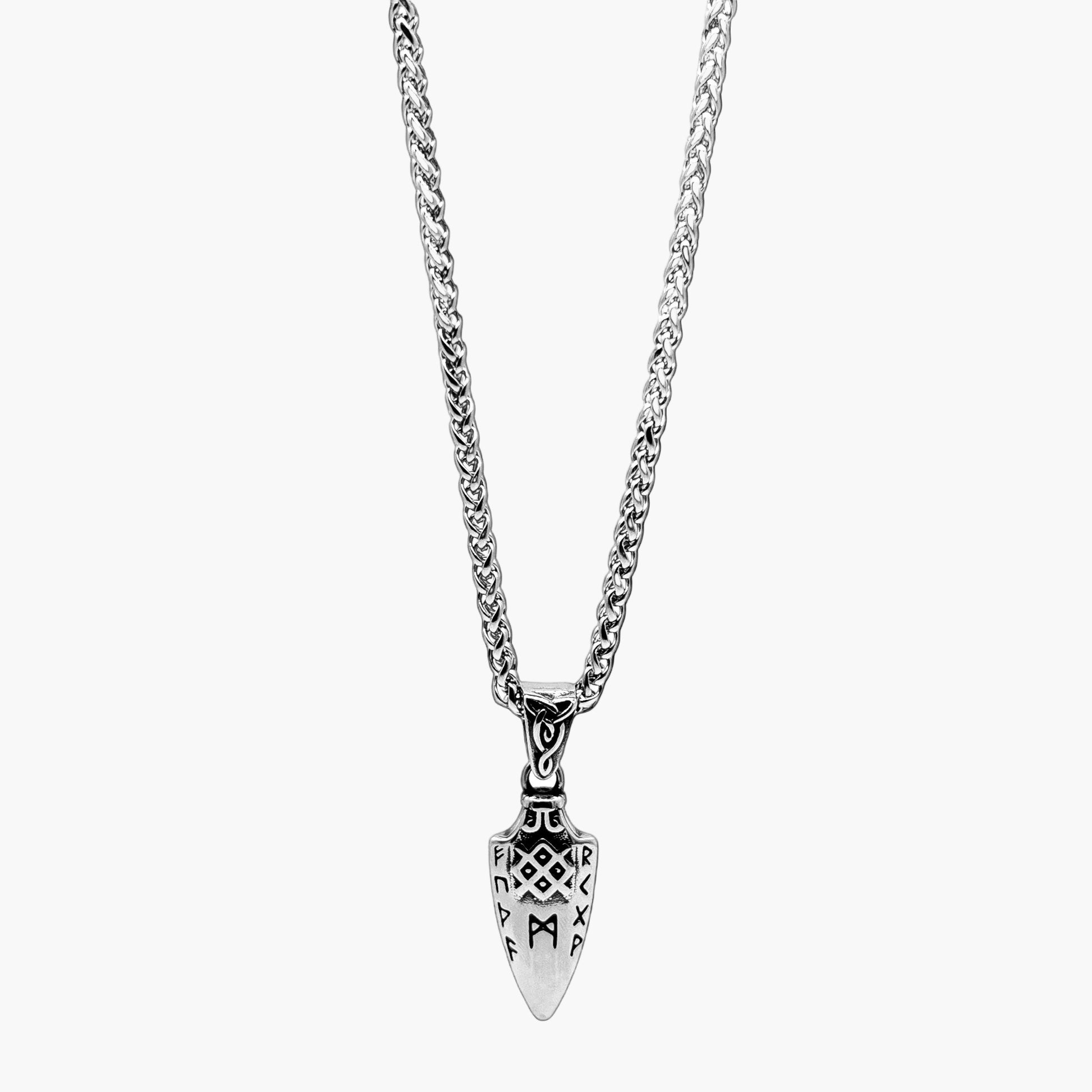 Straight of Sovereign Spear pendant highlighting engraved runic details and polished finish. HOUSE OF ROK.
