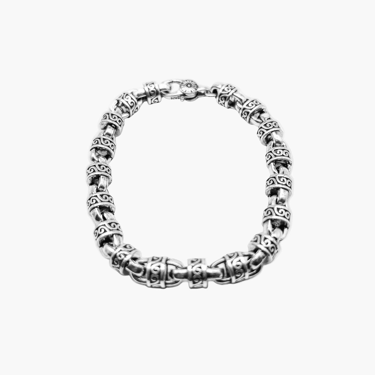 Tribal Bracelet by HOUSE OF ROK, front view showing polished links with intricate Celtic patterns