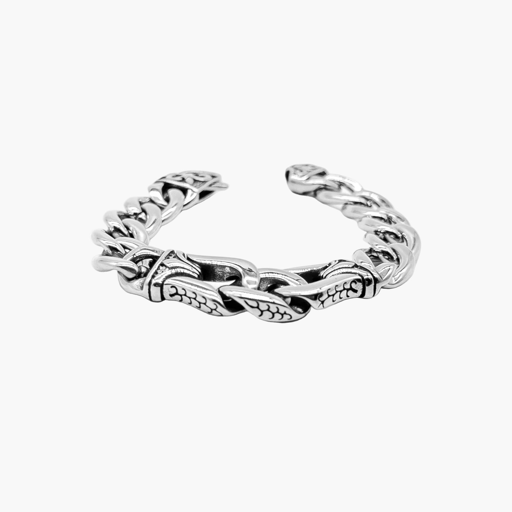 snake skin etching detail on polished steel link of Vyper Steel bracelet