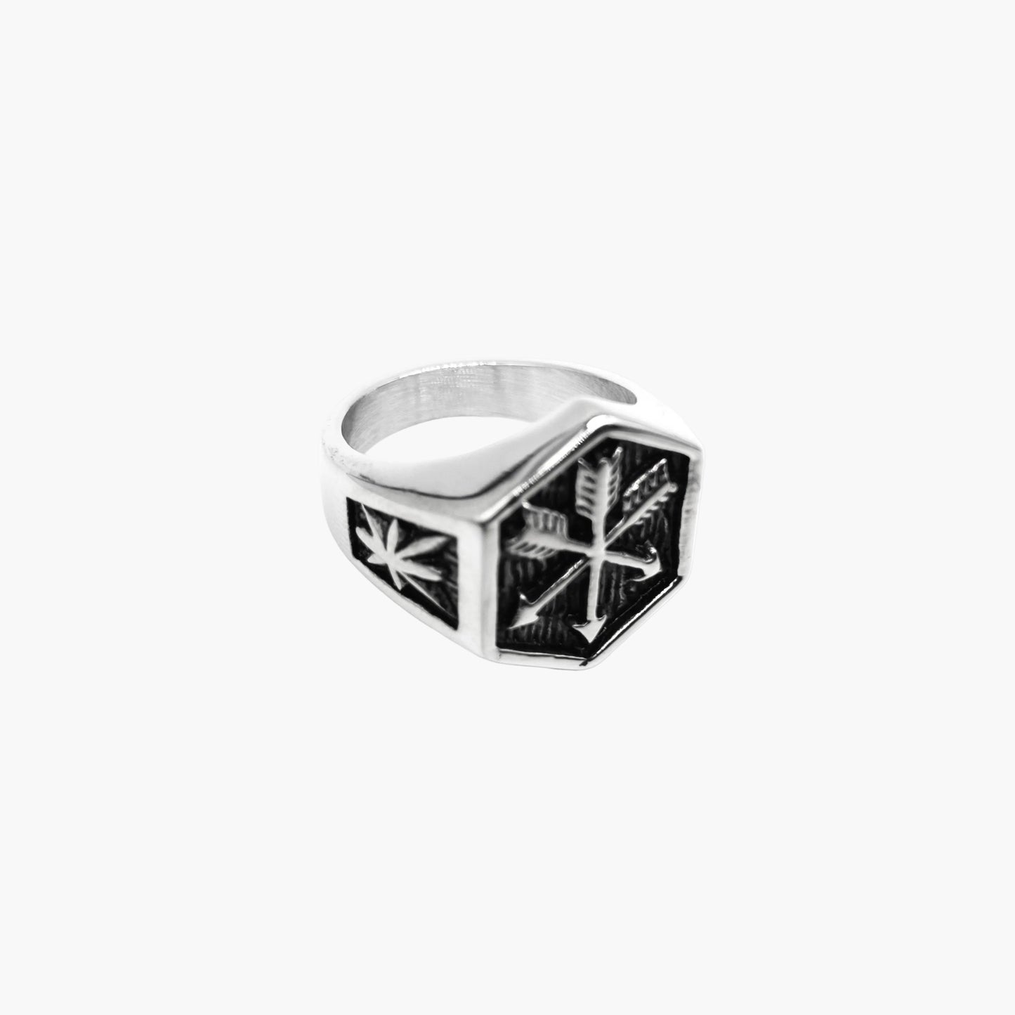 left angle view of Arrow Master ring in 316L stainless steel