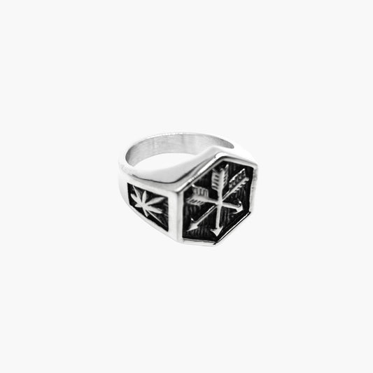 left angle view of Arrow Master ring in 316L stainless steel