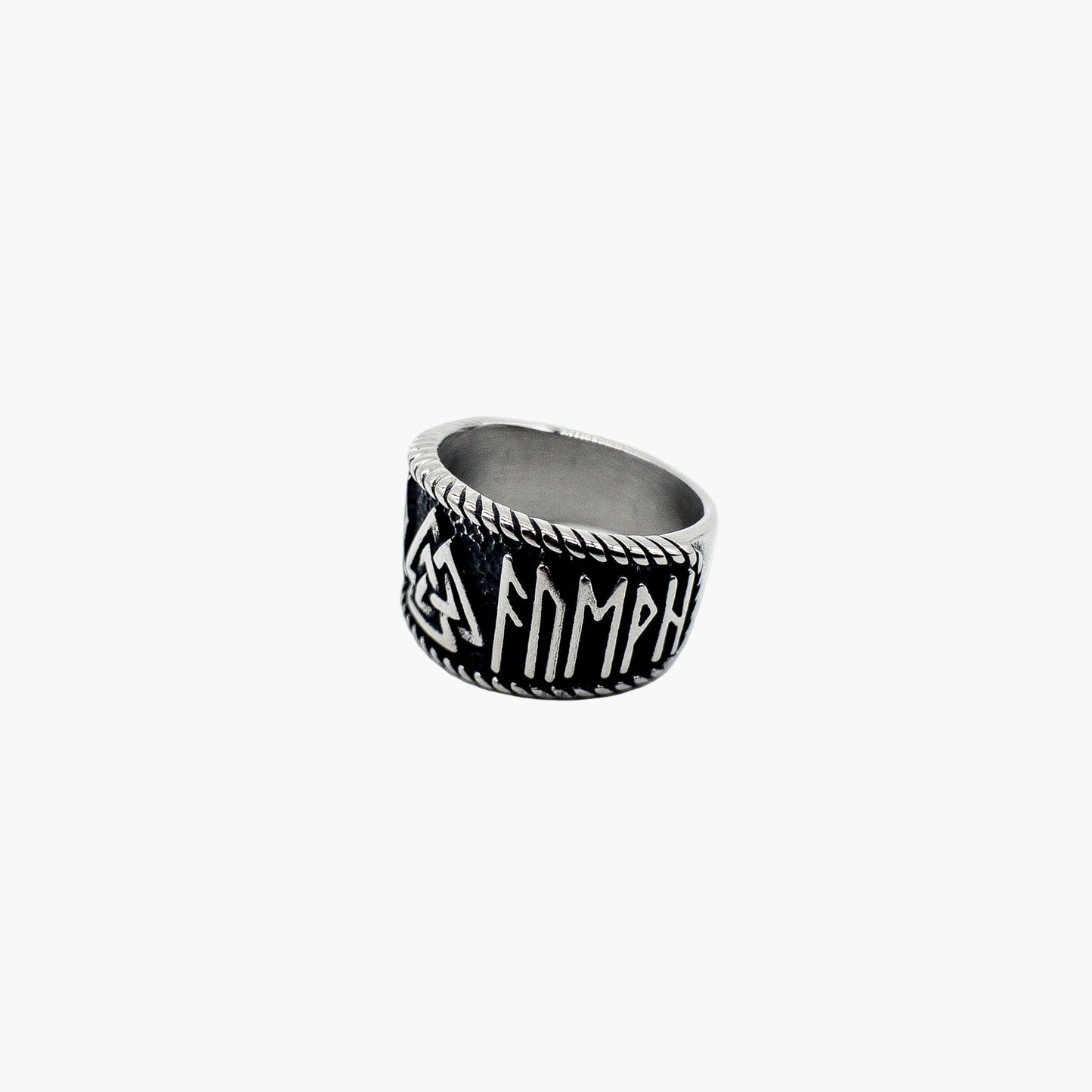 angled view of Asgard Valknut and rune Viking ring