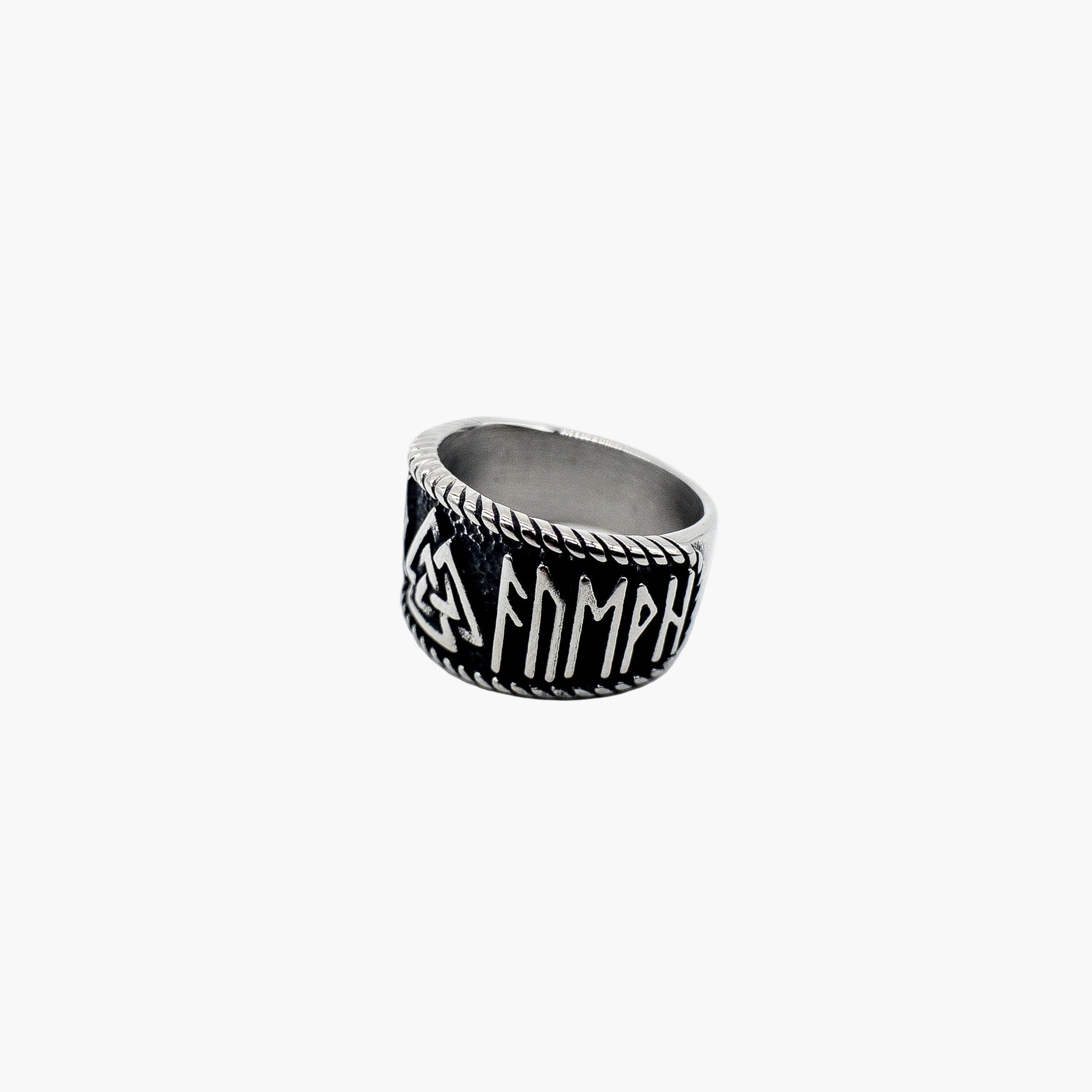 angled view of Asgard Valknut and rune Viking ring