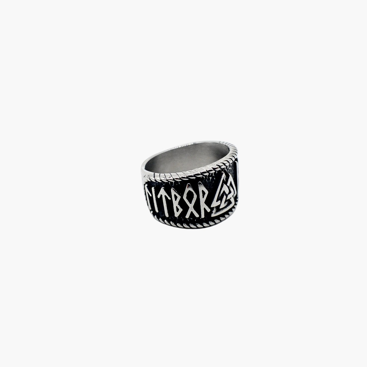 side shot view of Asgard Valknut and rune Norse ring