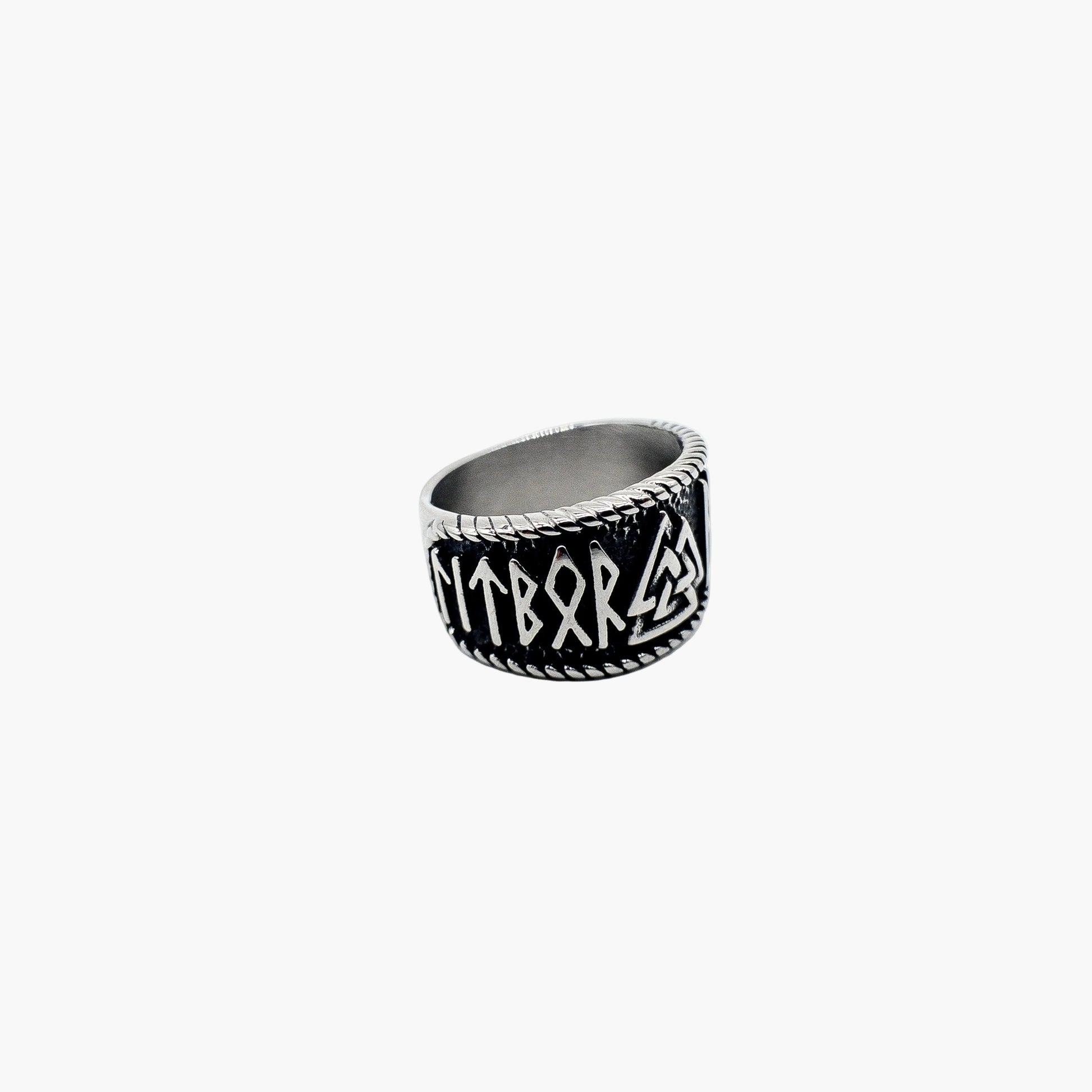 side shot view of Asgard Valknut and rune Norse ring
