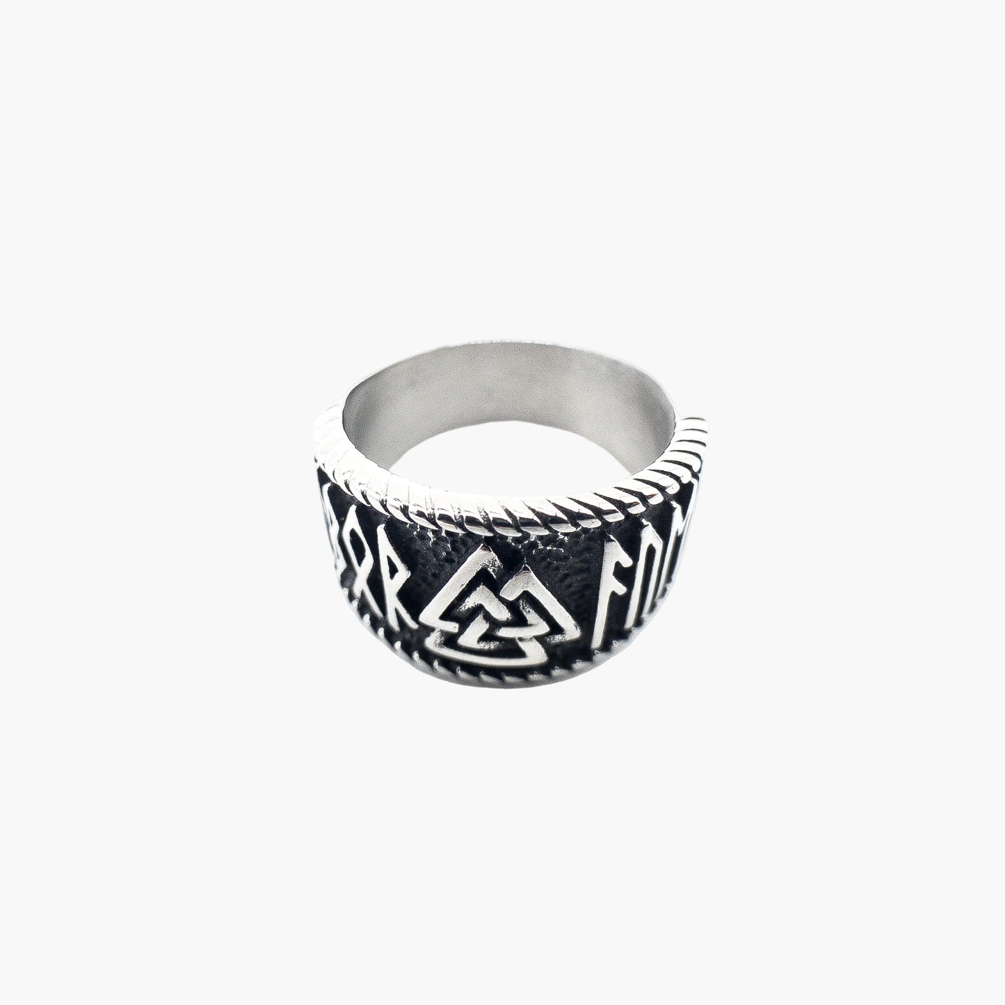 Valknut symbol on bezel of Asgard stainless steel ring