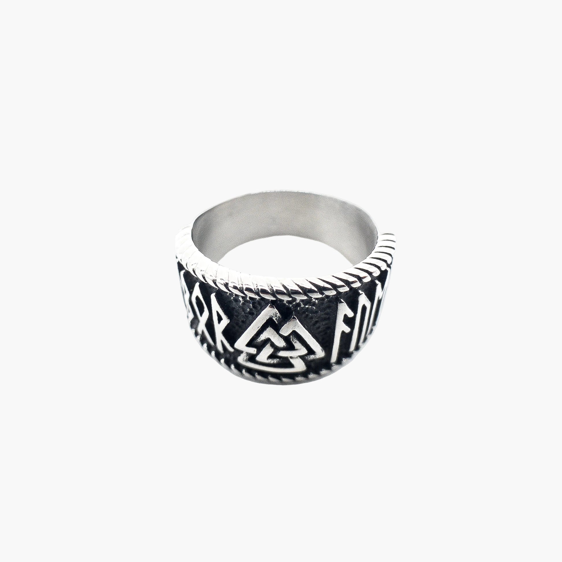 Valknut symbol on bezel of Asgard stainless steel ring