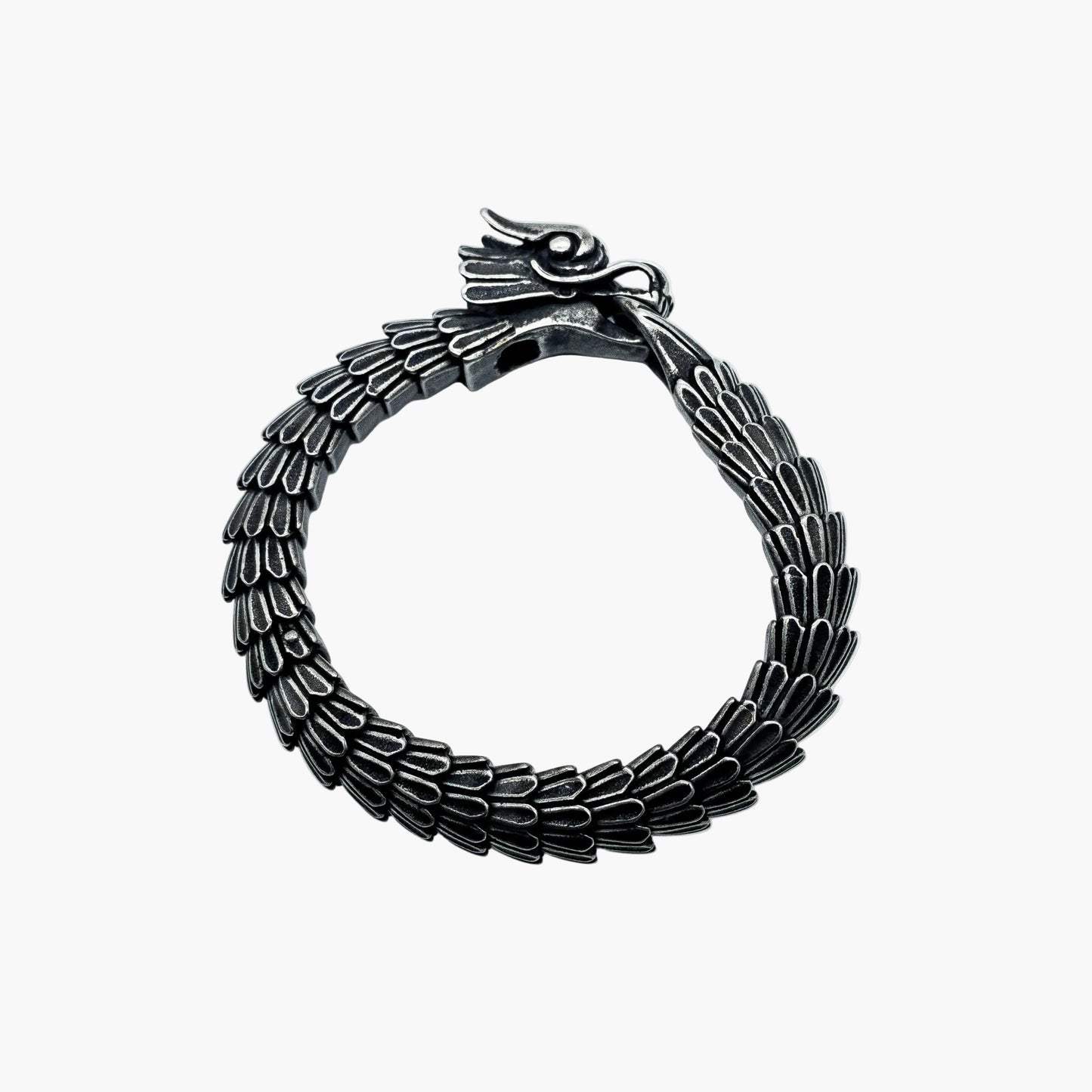 Black Dragon bracelet outer face flat showing Norse dragon head and links